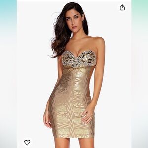 Meilun Women's Gold Strapless Foil Beaded Sexy Mini Bandage Bodycon